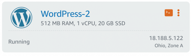 AWS interface showing a running WordPress instance with 512 MB RAM, 1 vCPU, and 20 GB SSD in Ohio, Zone A