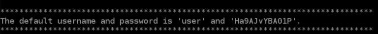 Message displaying default username 'user' and password in a text interface