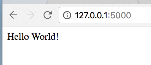 Localhost server displaying 'Hello World!' message on web browser with URL 127.0.0.1:5000