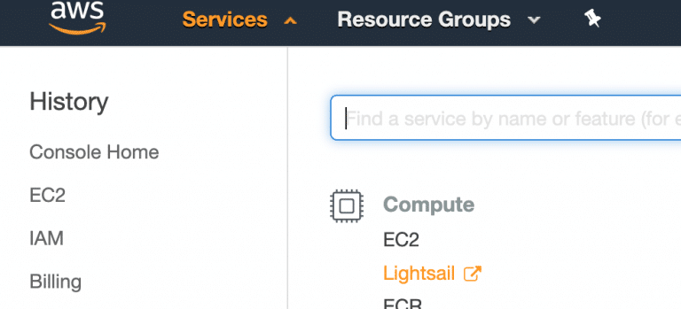 AWS management console interface showing services menu with options for EC2, Lightsail, IAM, and billing
