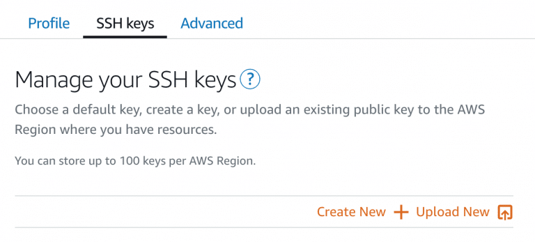 AWS interface for managing SSH keys with options to create or upload keys across regions