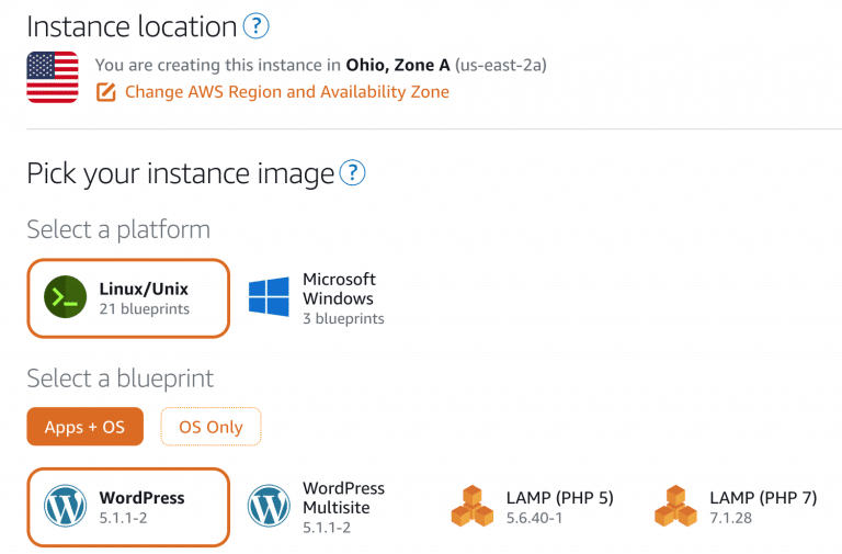 AWS instance setup interface showing location selection and options for Linux/Unix or Windows platforms, including WordPress and LAMP blueprints
