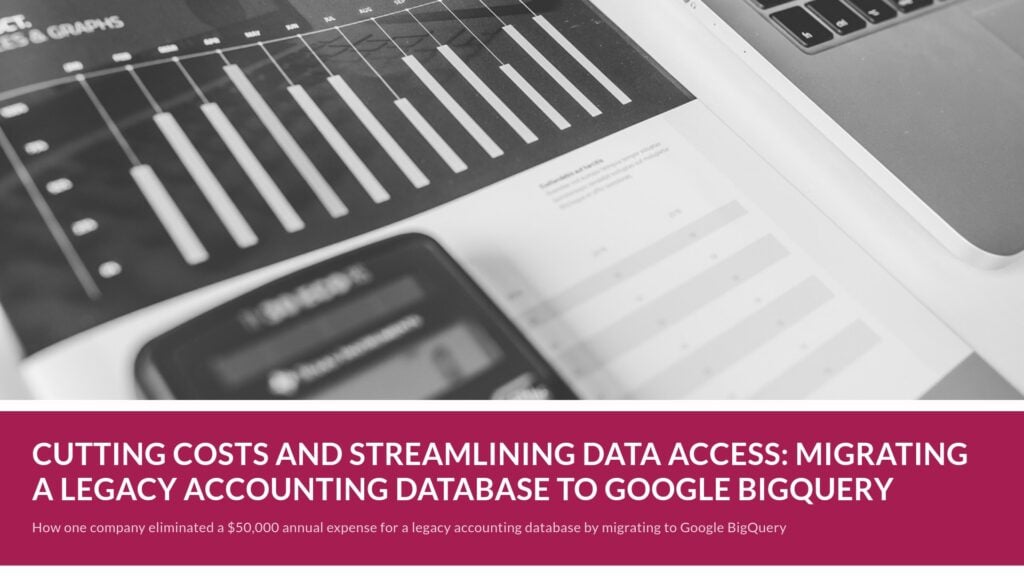 Bar chart and financial data analysis with a laptop, illustrating cost savings and efficiency from migrating a legacy accounting database to Google BigQuery