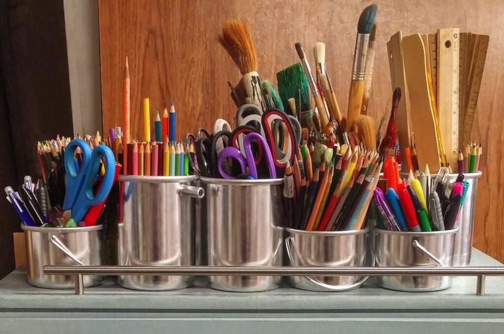 "Organized collection of art supplies, analogous to working with Python collections for data management."