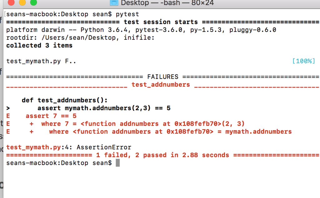 "Terminal displaying Python unit test failure using pytest with an AssertionError in test_addnumbers"