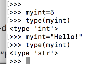 "Python code illustrating variable type change, showing integer reassignment to string and type verification."