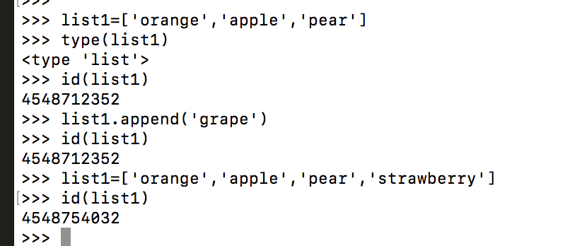 "Python code snippet showing list mutability, illustrating list modification with append method and ID change upon reassignment."