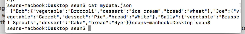  "Terminal window showing JSON data structure with nested objects for different individuals' food preferences."