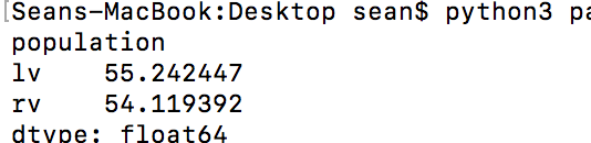 "Python script output showing population data series with float64 dtype using Pandas."