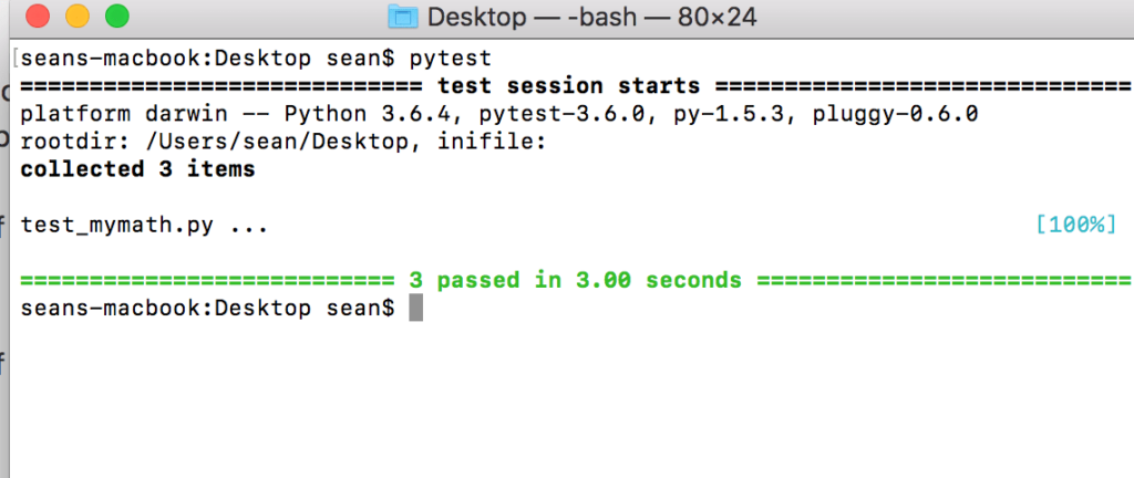 "Terminal showing successful Python unit test results using pytest with 3 tests passed"