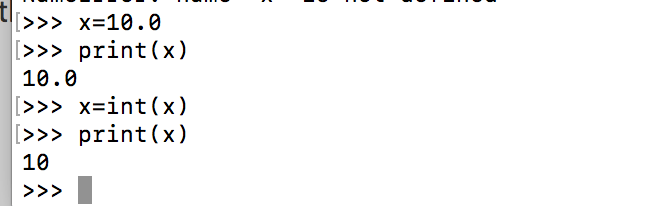 "Python code snippet demonstrating type conversion from float to integer, showing conversion process with variable x."