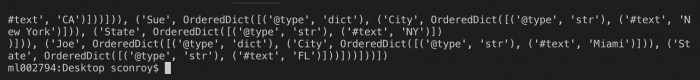 "Terminal output displaying Python OrderedDict with nested data about people and their respective cities and states."