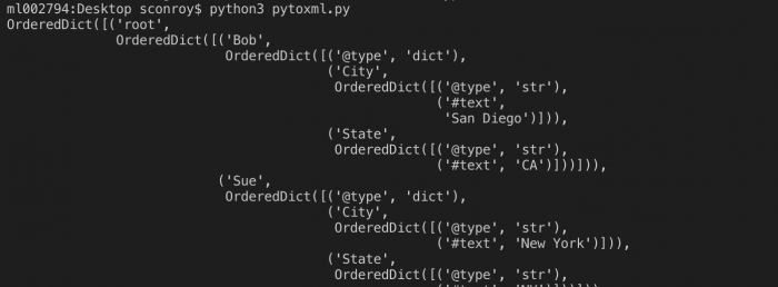 "Python script running in terminal displaying an OrderedDict with hierarchical data including names, cities, and states."