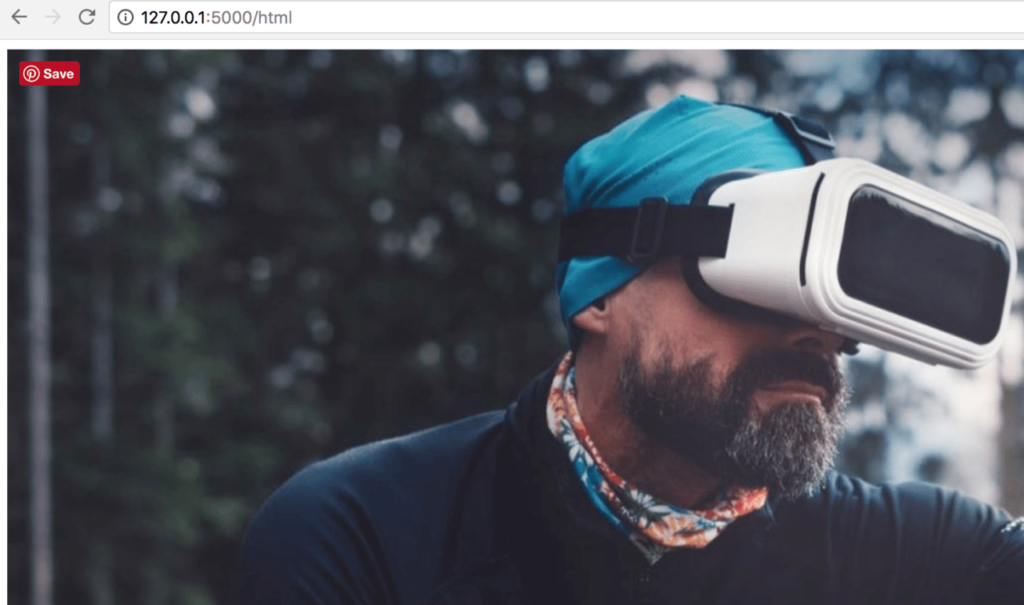 "Person wearing virtual reality headset outdoors with URL 127.0.0.1:5000/html displayed on browser"