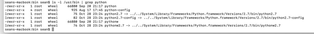 "Terminal command output listing Python binaries and configurations in MacOS directory, showing symbolic links and file permissions for Python 2.7 installation."