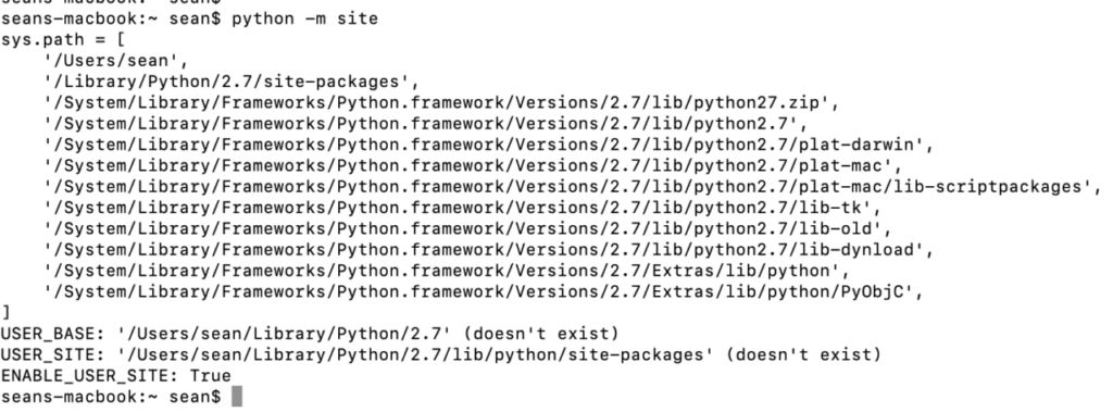 "Terminal output displaying Python 2.7 site package paths and user site configuration on MacOS, illustrating system-level Python directory structure."