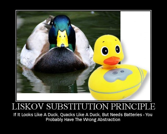  "Humorous depiction of the Liskov Substitution Principle with a real duck and a toy duck, illustrating programming concepts with the caption: 'If It Looks Like A Duck, Quacks Like A Duck, But Needs Batteries - You Probably Have The Wrong Abstraction.'"