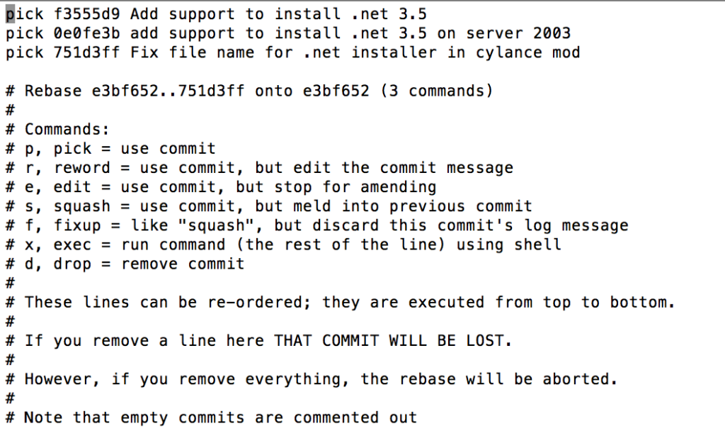 Screenshot of a Git rebase interactive session showing a list of commit actions, including commands like pick, reword, edit, squash, fixup, exec, and drop, with explanatory notes.