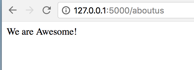  "Localhost web page showing 'We are Awesome!' message with URL 127.0.0.1:5000/aboutus"