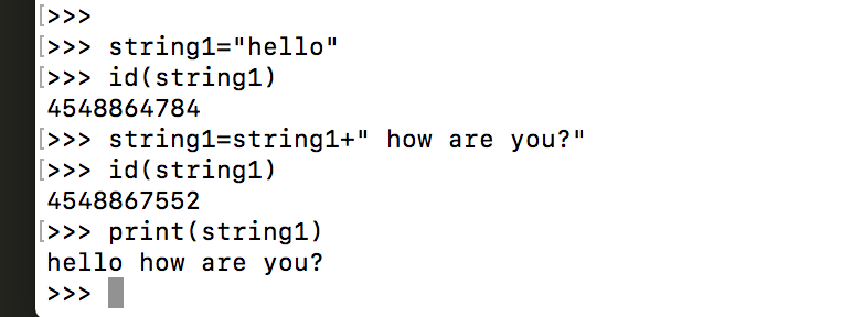  "Python code demonstrating string immutability with concatenation, showing memory ID change after modifying string variable."