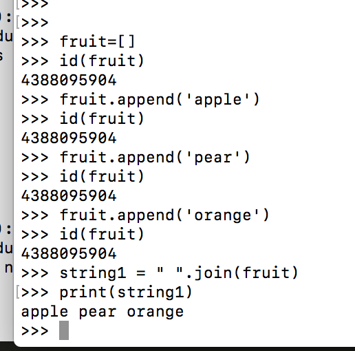 "Python code showing list mutability, with items added to list and ID remaining constant, and string creation using join method."