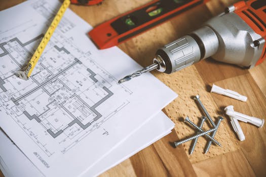 "Close-up of architectural blueprint with a drill, nails, and measuring tape on a wooden table, symbolizing construction and home renovation projects."