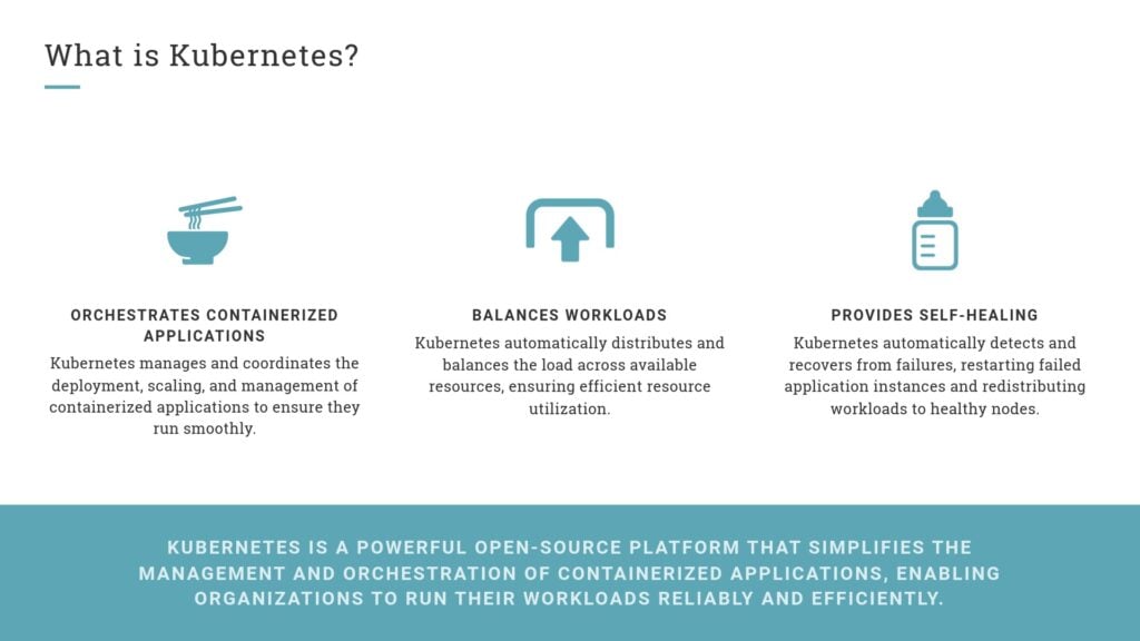 Overview of Kubernetes features: Orchestrating containerized applications, balancing workloads, and providing self-healing capabilities for reliable application management.