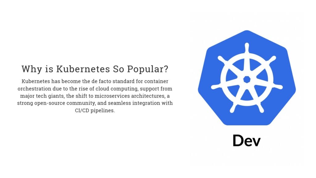 Why Kubernetes is popular: Cloud computing growth, tech giant support, microservices adoption, strong open-source community, and CI/CD integration