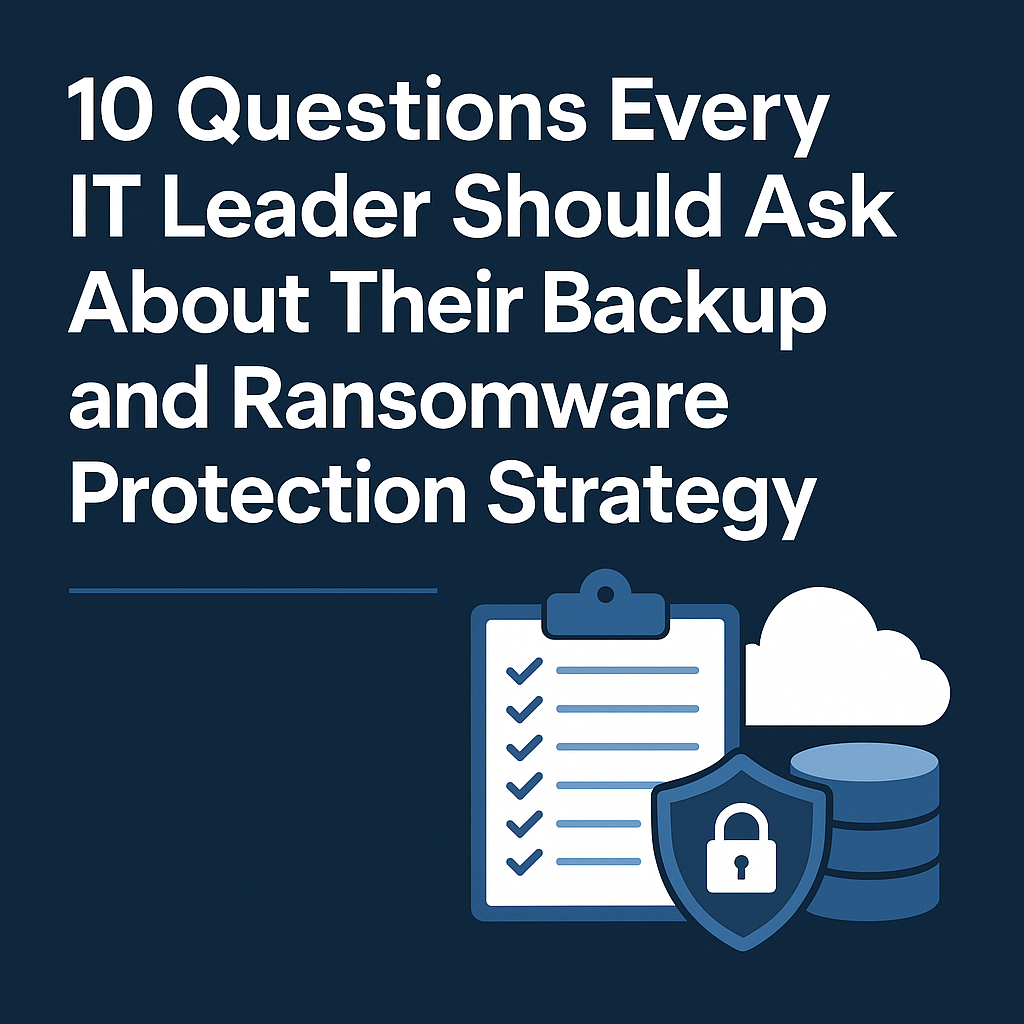 Dark blue digital graphic with the title “10 Questions Every IT Leader Should Ask About Their Backup and Ransomware Protection Strategy” and icons of a checklist, a cloud, a database, and a security shield with a padlock.