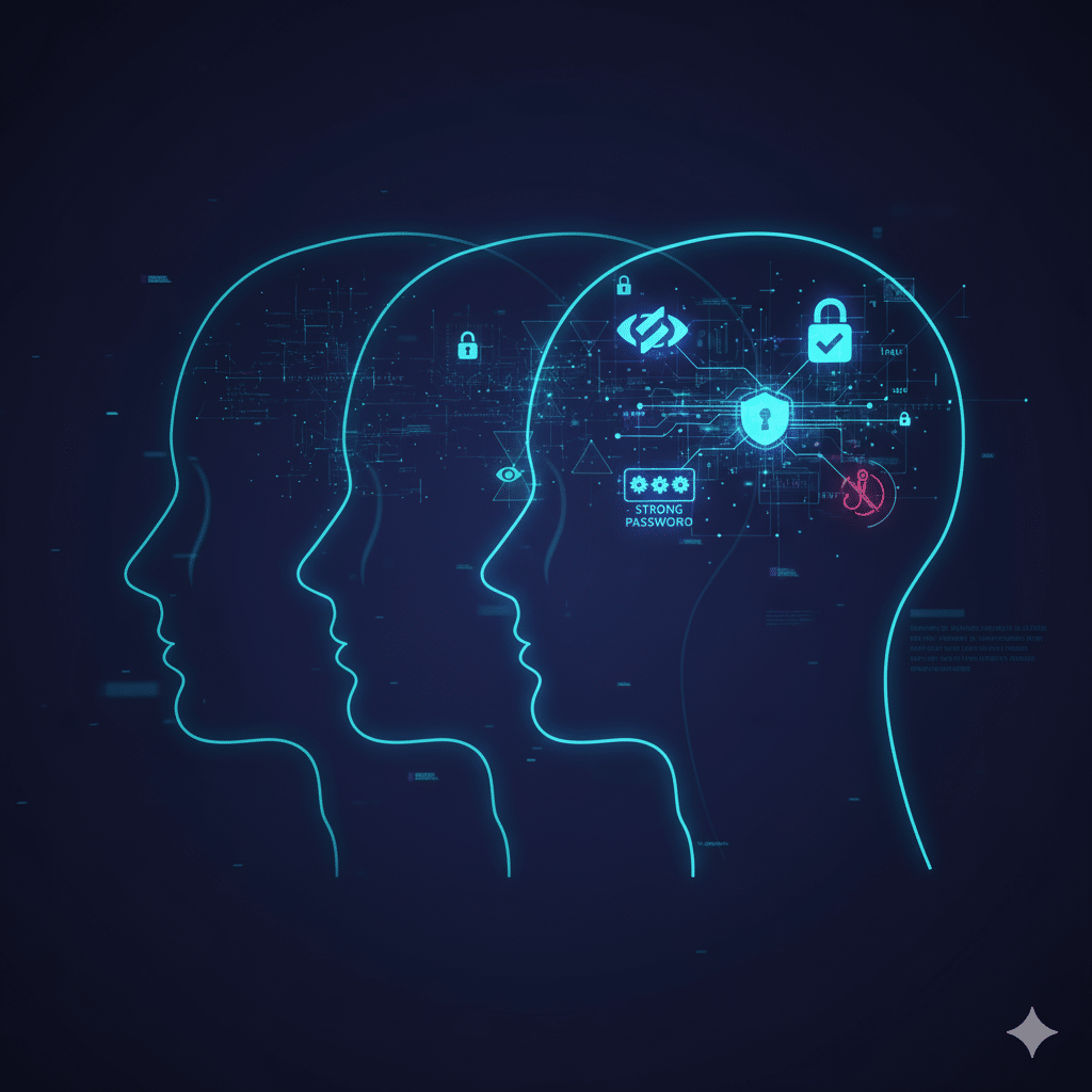Digital illustration showing a series of interconnected human head silhouettes. Glowing, geometric insights and puzzle-like symbols representing cybersecurity concepts like a shield, a lock, and an email icon are illuminated inside the minds, showing a clear progression from one head to the next.