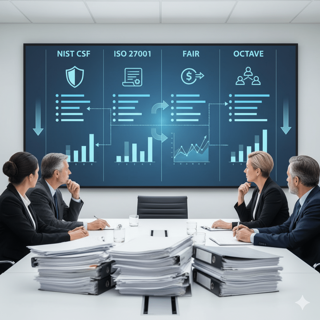 Comparison chart of risk assessment frameworks including NIST, ISO 27001, and CIS Controls