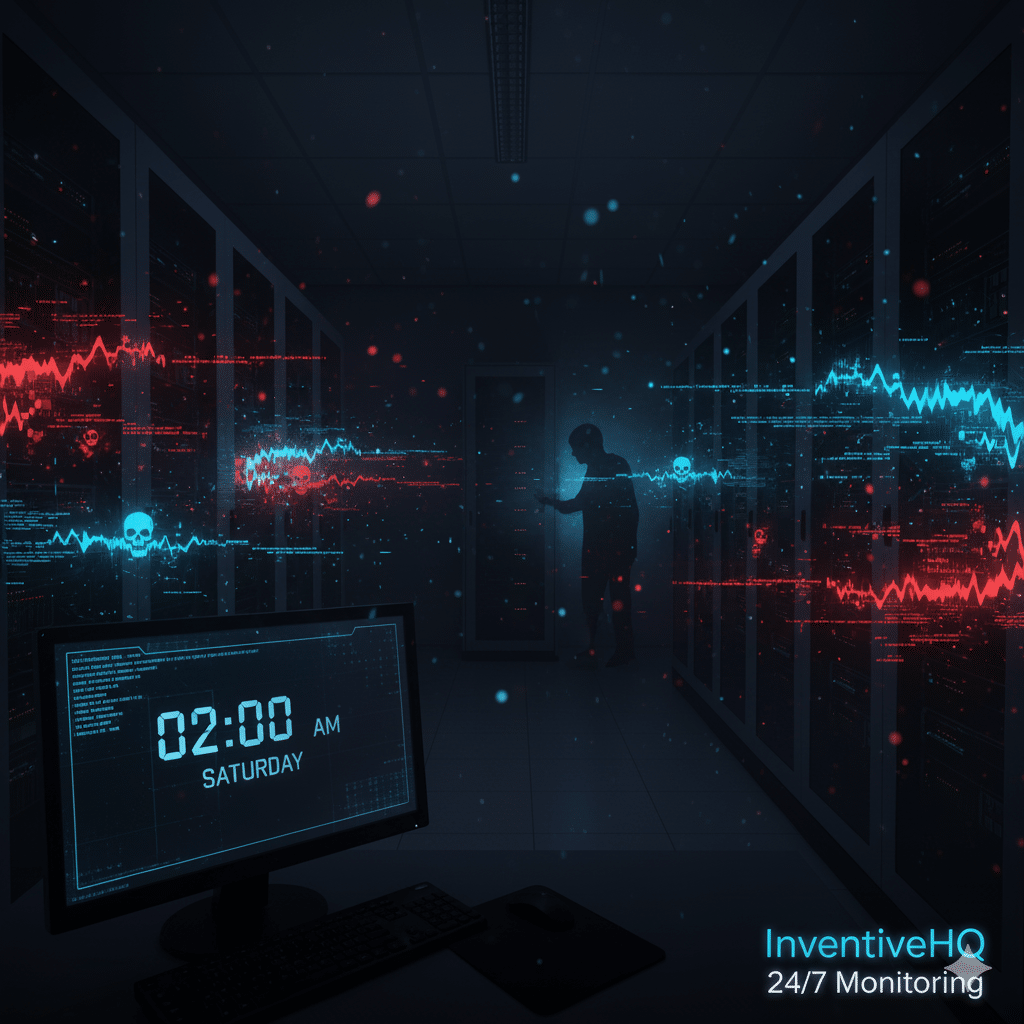 Digital illustration showing a dark, empty server room or office at night. Glowing, aggressive red digital lines and abstract virus-like symbols are visibly attacking the network equipment, highlighting the lack of human monitoring during non-business hours.

